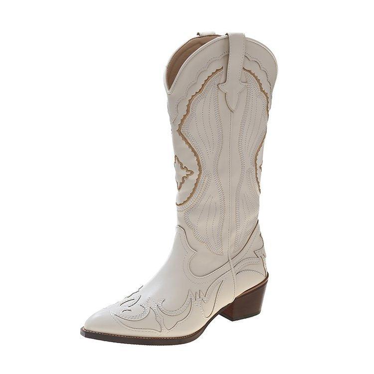 Autumn Moon Cowgirl Boots in beige simulated leather with stylish stitching, mid-calf height and classic Western design.