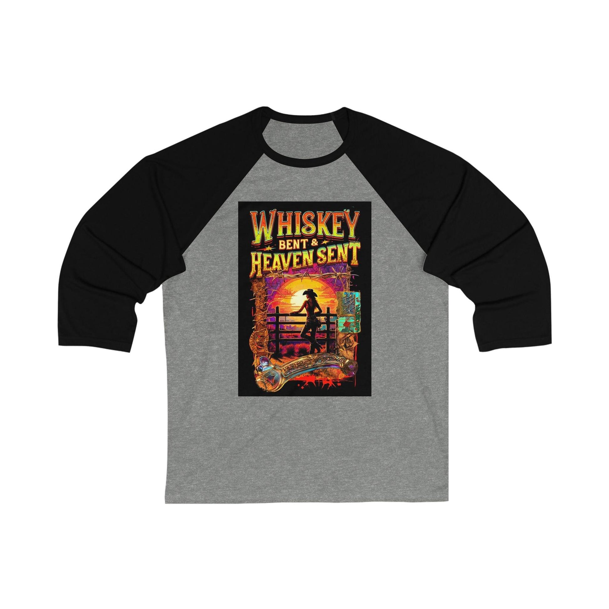 Whiskey Bent and Heaven Sent 3/4 Sleeve Baseball Tee with cowgirl sunset graphic, black and grey color combination.