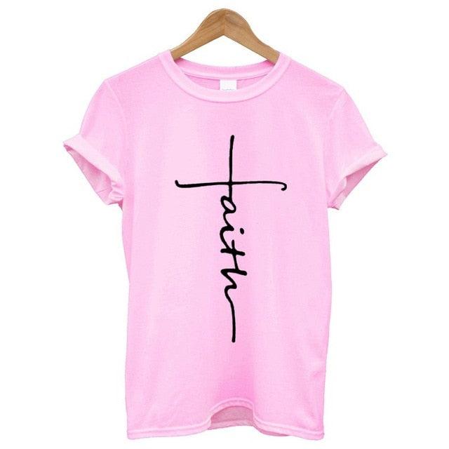 The Cross T-Shirt | Country Girl Faith Shirt for Spring & Summer with bold cross and "faith" text on pink cotton fabric.