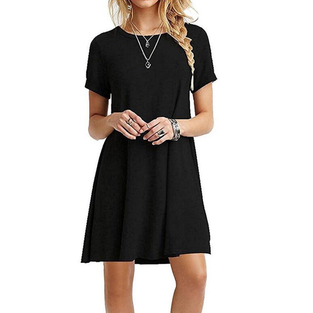 Woman wearing Cowgirl Chic Casual Short Sleeved Dress in black, showcasing a comfortable and stylish cowgirl dress.