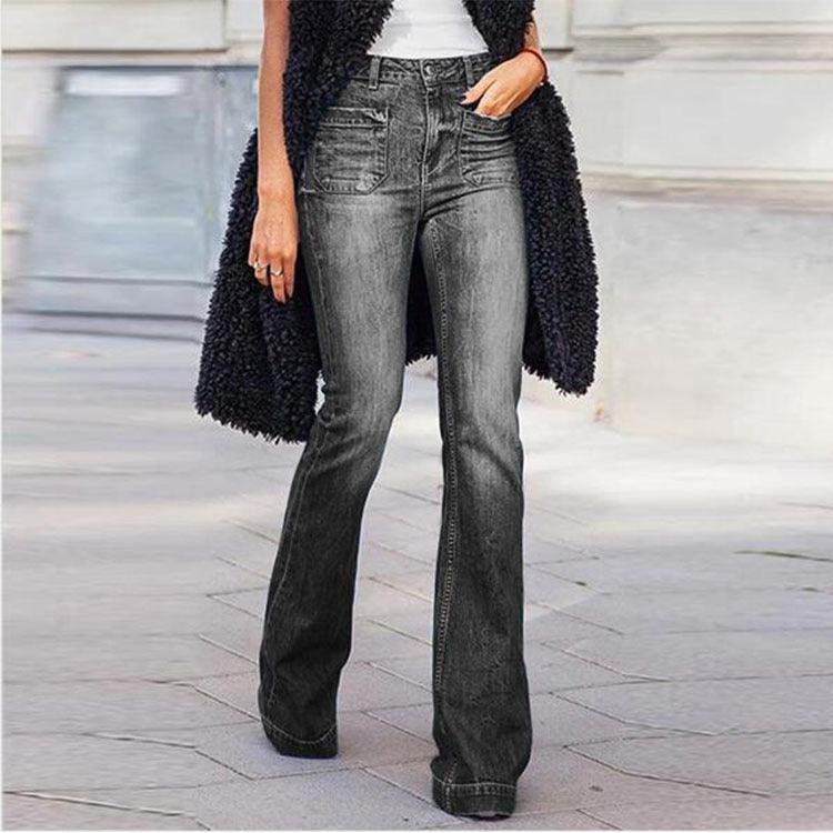 Cowgirl Chic Wide Flare Jeans - Stylish Denim Flare Pants for Trendy Women in Black with worn-out finish.