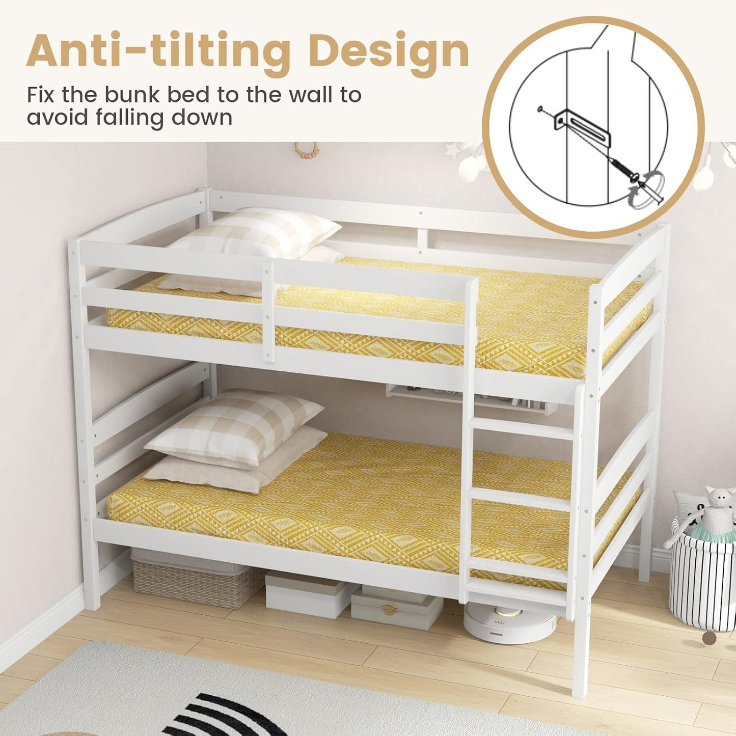 White Twin Over Twin Bunk Bed With Integrated Ladder featuring anti-tilting design for safety