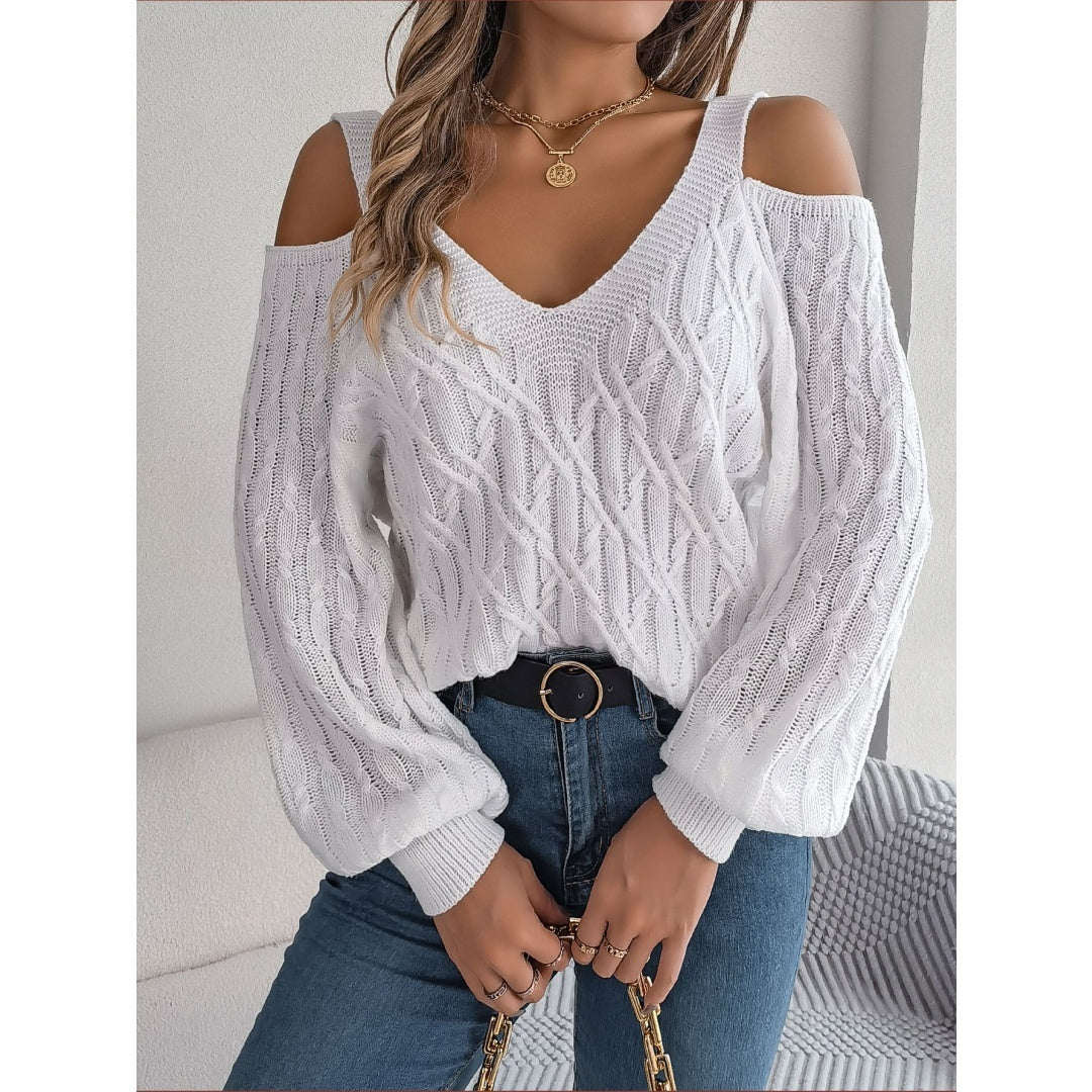 Fried-Dough Twist Off-Shoulder Lantern Sleeve Sweater