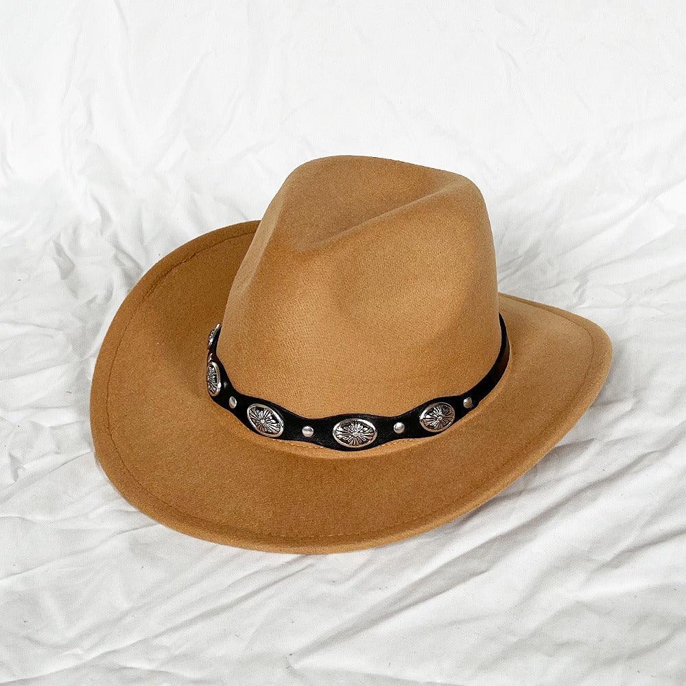 The Outlaw Western Cowboy Hat - Classic Bell Shaped Design, Durable and Stylish for All Seasons with black band and silver conchos.