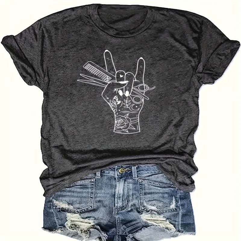 Women's Print Crew Neck T-shirt with hand and floral illustration, Casual Short Sleeve Top, Bohemian chic style, summer essential