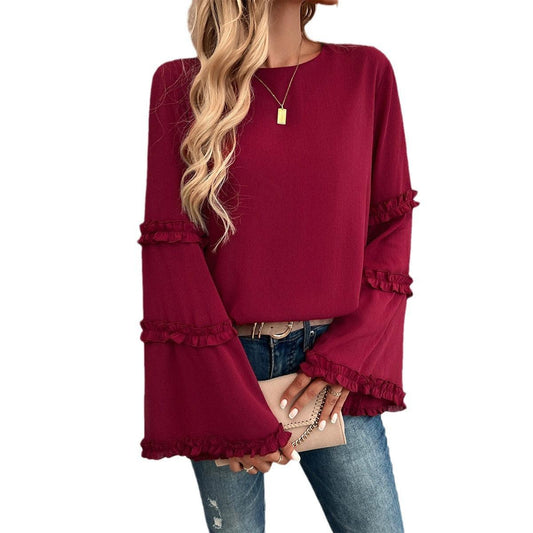 Elegant Socialite Trumpet Sleeved Top – Stylish Ruffled Blouse for Trendy Women in burgundy, featuring luxe fabric and ruffle details.