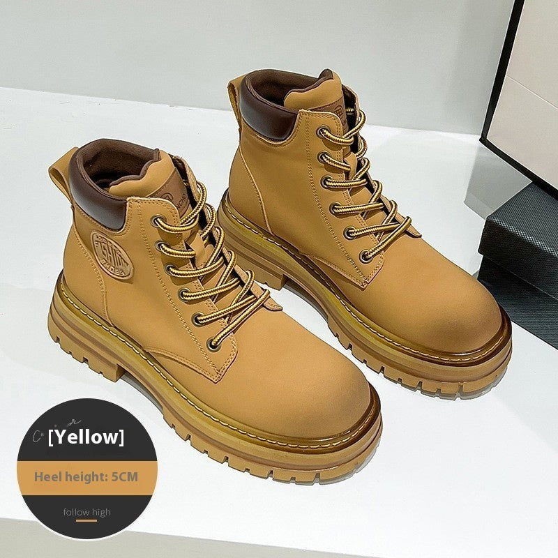 Women’s Genuine Leather Martin Boots in yellow with thick elevator sole, heel height 5cm, perfect blend of style and comfort.
