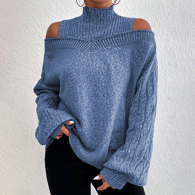 Women's Cold Shoulder Sweater - High Neck Cut Out Pullover Long Sleeve Top