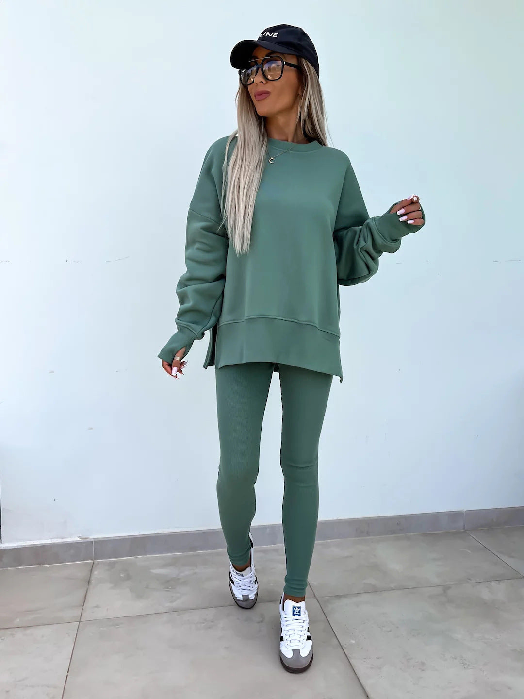 Women’s Casual Sweater Suit – Loose Split Top & Fitted Trousers Set in green, stylish and comfortable fall outfit