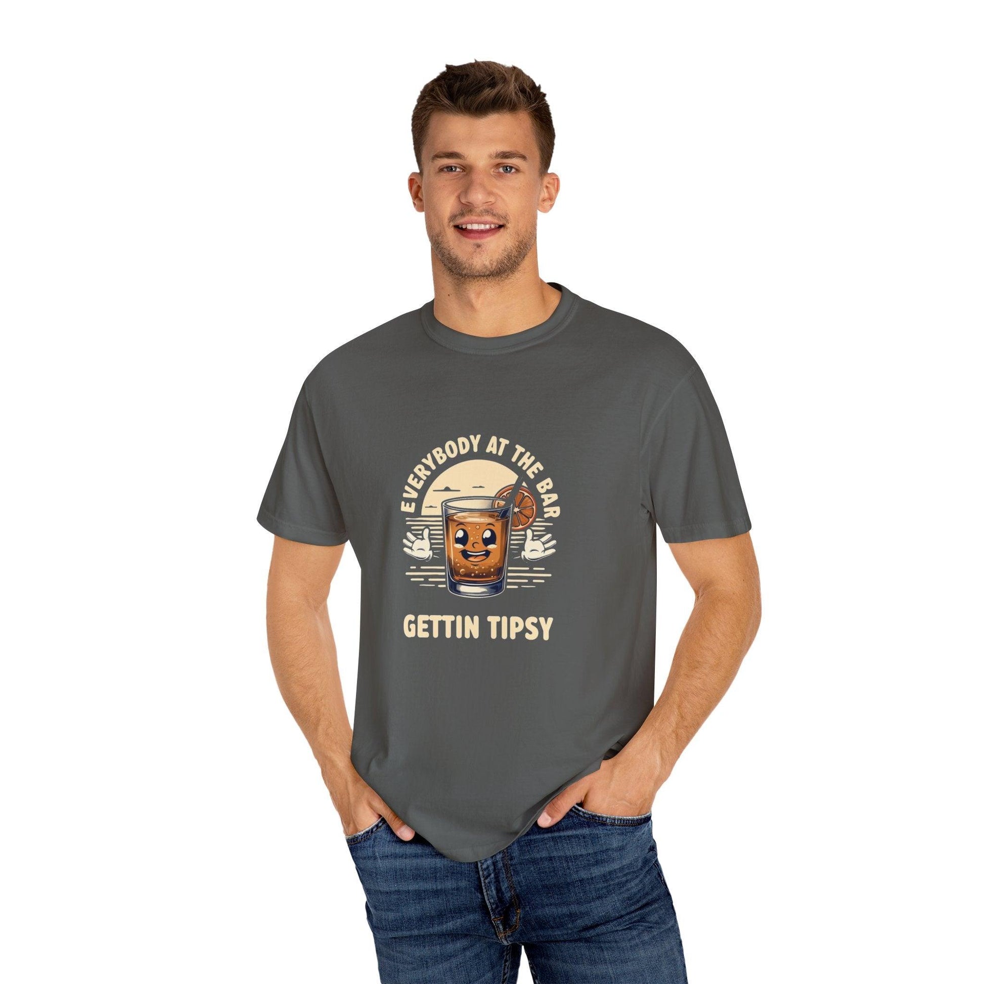 Everybody at the Bar Gettin Tipsy Unisex Garment-Dyed T-Shirt with whiskey glass graphic and playful text