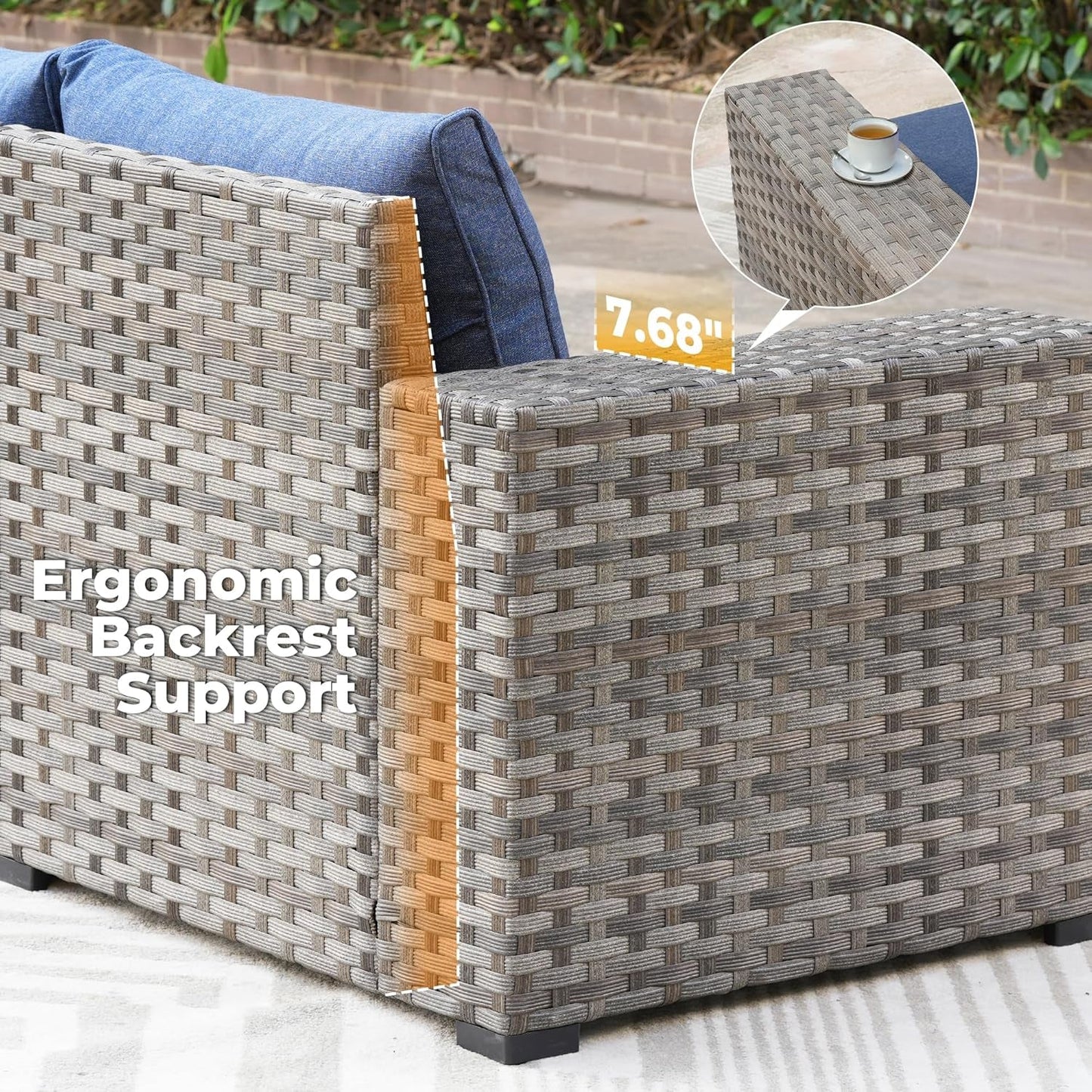 Ergonomic backrest support of Modular Outdoor Wicker Sofa Set with Fire Pit Table highlighting woven design and comfort features.