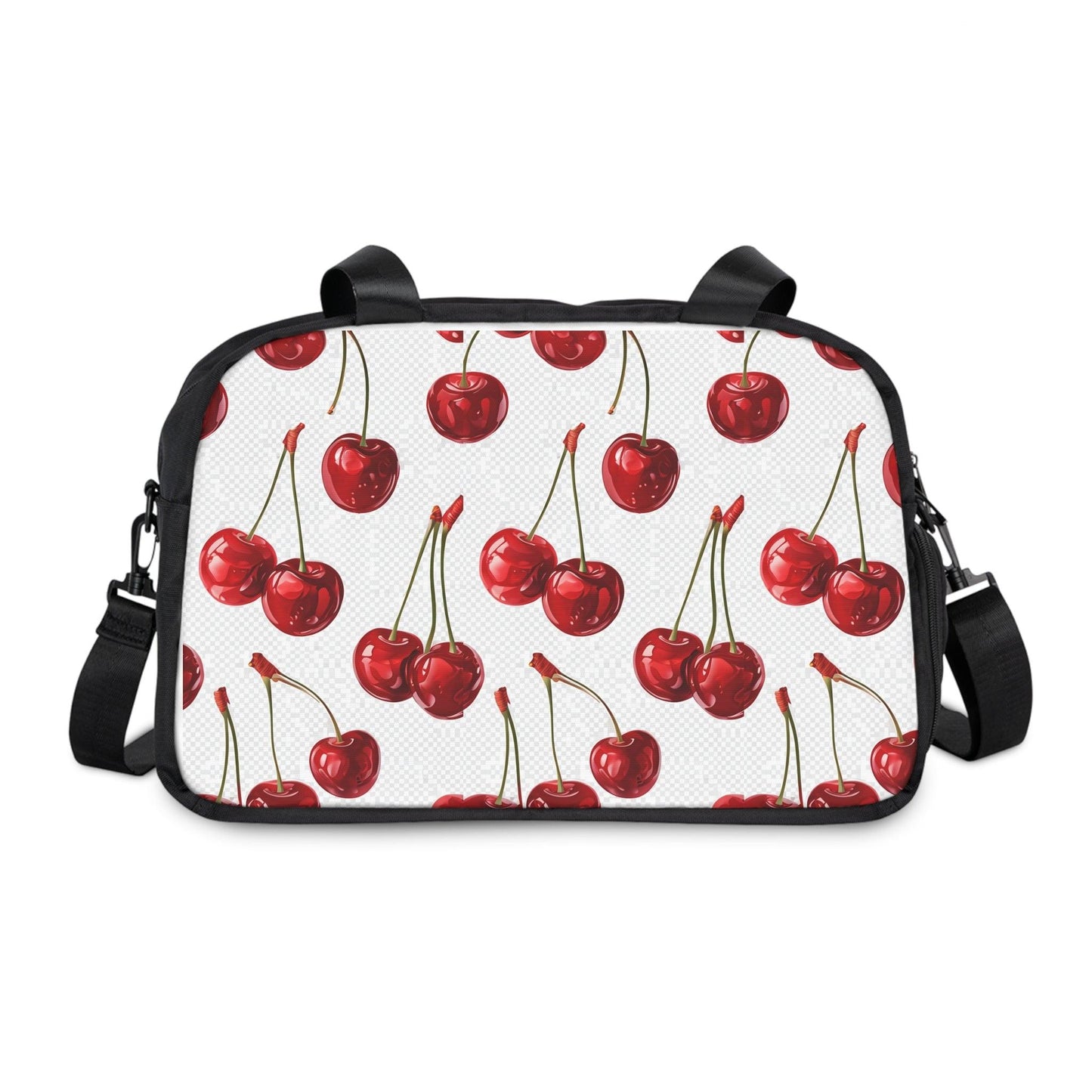 Sweet & Stylish Womens White Cherry Print Fitness Handbag with vibrant cherry design, perfect for gym, yoga, and errands in bold style.