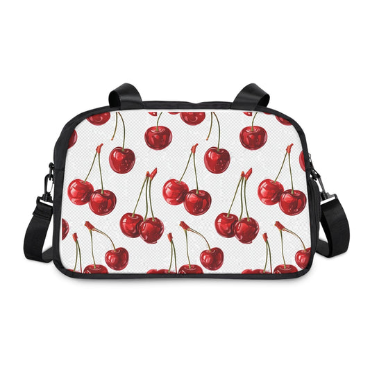 Sweet & Stylish Womens White Cherry Print Fitness Handbag with vibrant cherry design, perfect for gym, yoga, and errands in bold style.