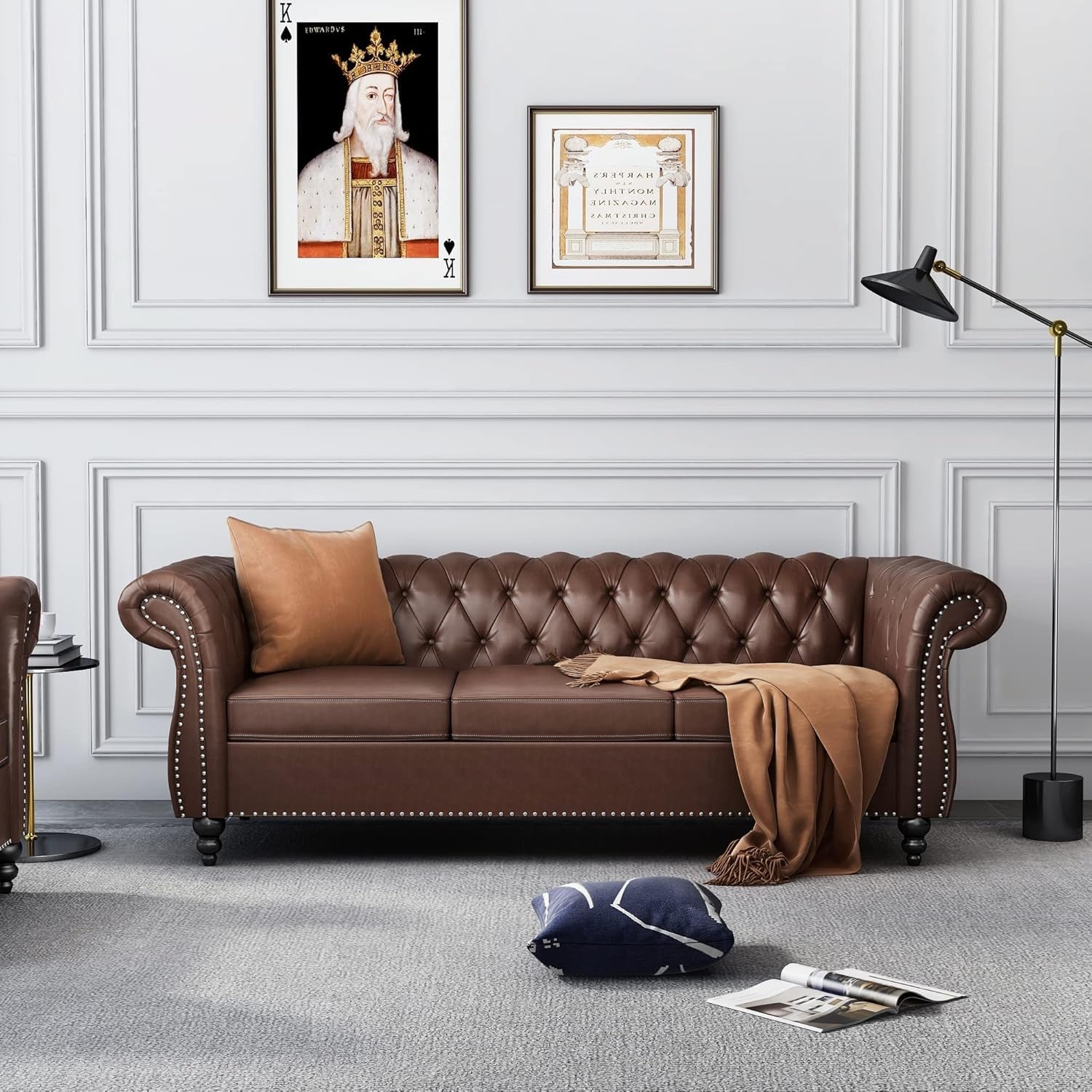 3 Piece Chesterfield Leather Living Room Set Sofa Loveseat Chair Dark Brown with Scroll Arms and Nailhead in modern living room