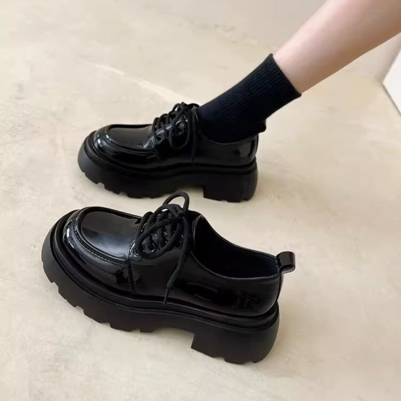 Women’s British Style Chunky Sole Leather Shoes – Trendy Loafers with Elevated Heel in black leather with thick soles
