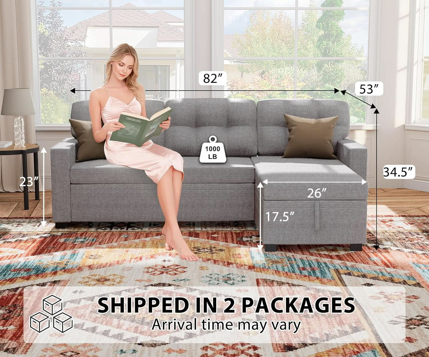 Reversible Sectional Sofa Couch, Sleeper Sofa Bed with Storage Chaise Pull Out Couch for Living Room | Hidden Stroge | Pull Out Bed | Removable Backrest | Linen Fabric, Light Grey
