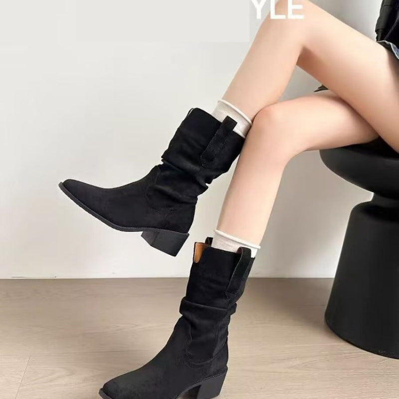 Autumn Western Pleated Short Cowhide Leather Boots for Women in black, showcasing stylish pleated design and short block heel for fall fashion.
