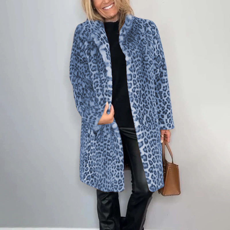 Leopard Print Plush Jacket — Cozy Loose-Fit Mid-Length Outwear