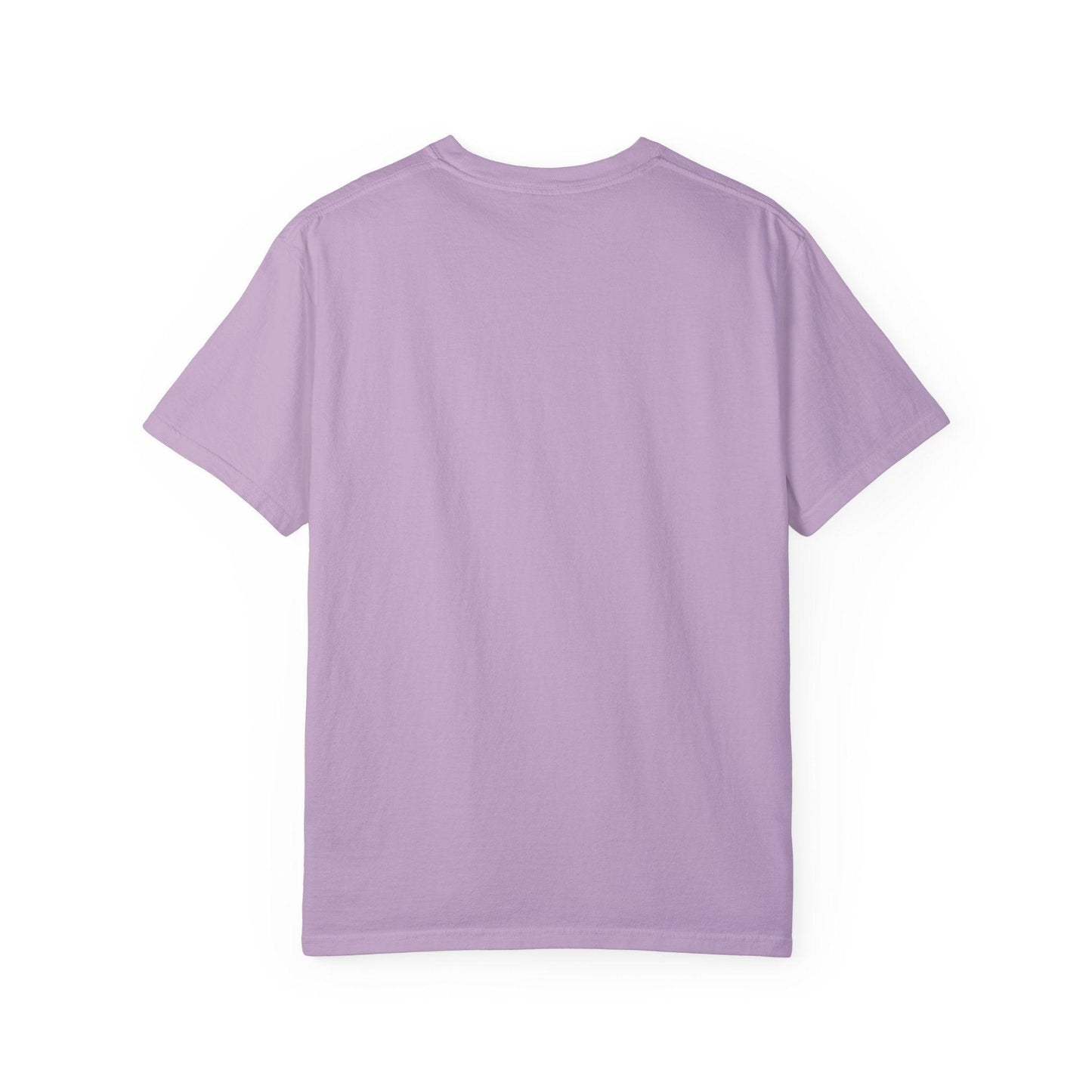 Back view of Everybody at the Bar Gettin Tipsy Unisex Garment-Dyed T-Shirt in light purple color