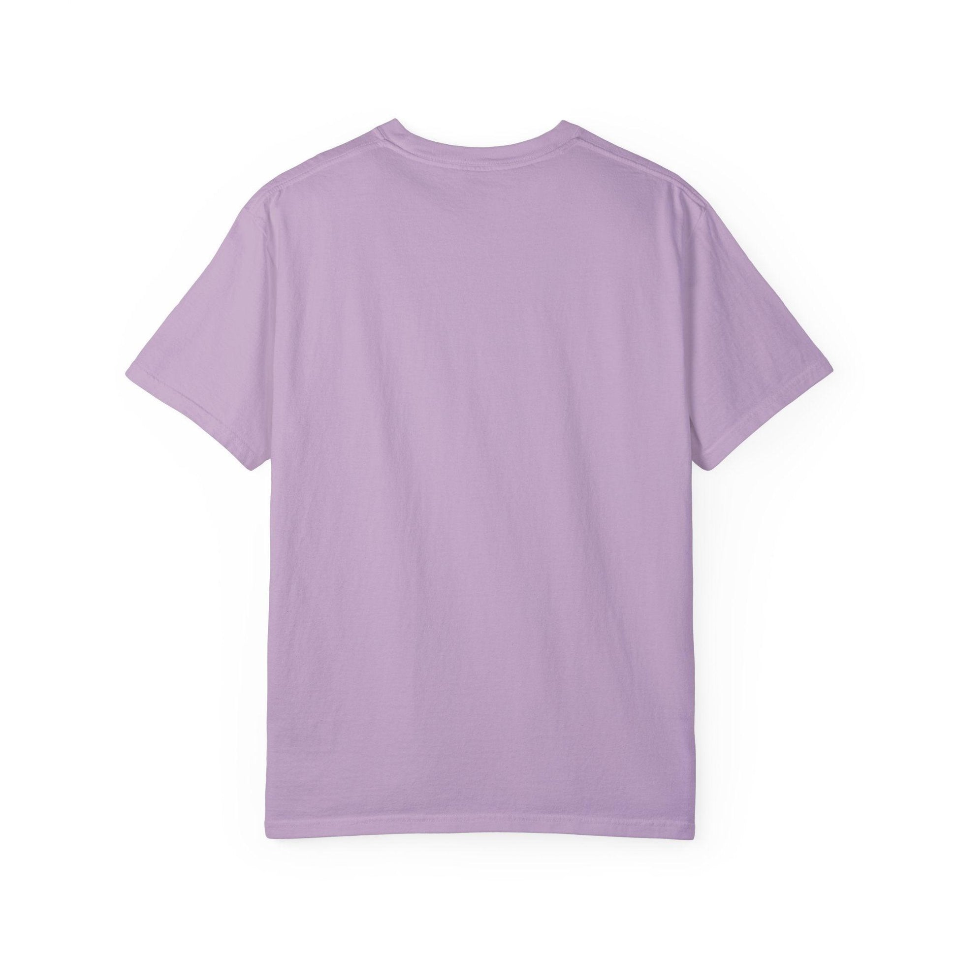 Back view of Everybody at the Bar Gettin Tipsy Unisex Garment-Dyed T-Shirt in light purple color