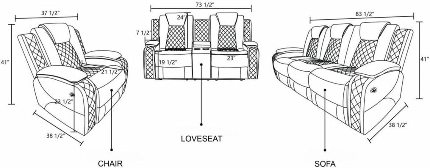 White Power Recliner Sofa With LED Lighting USB Charging