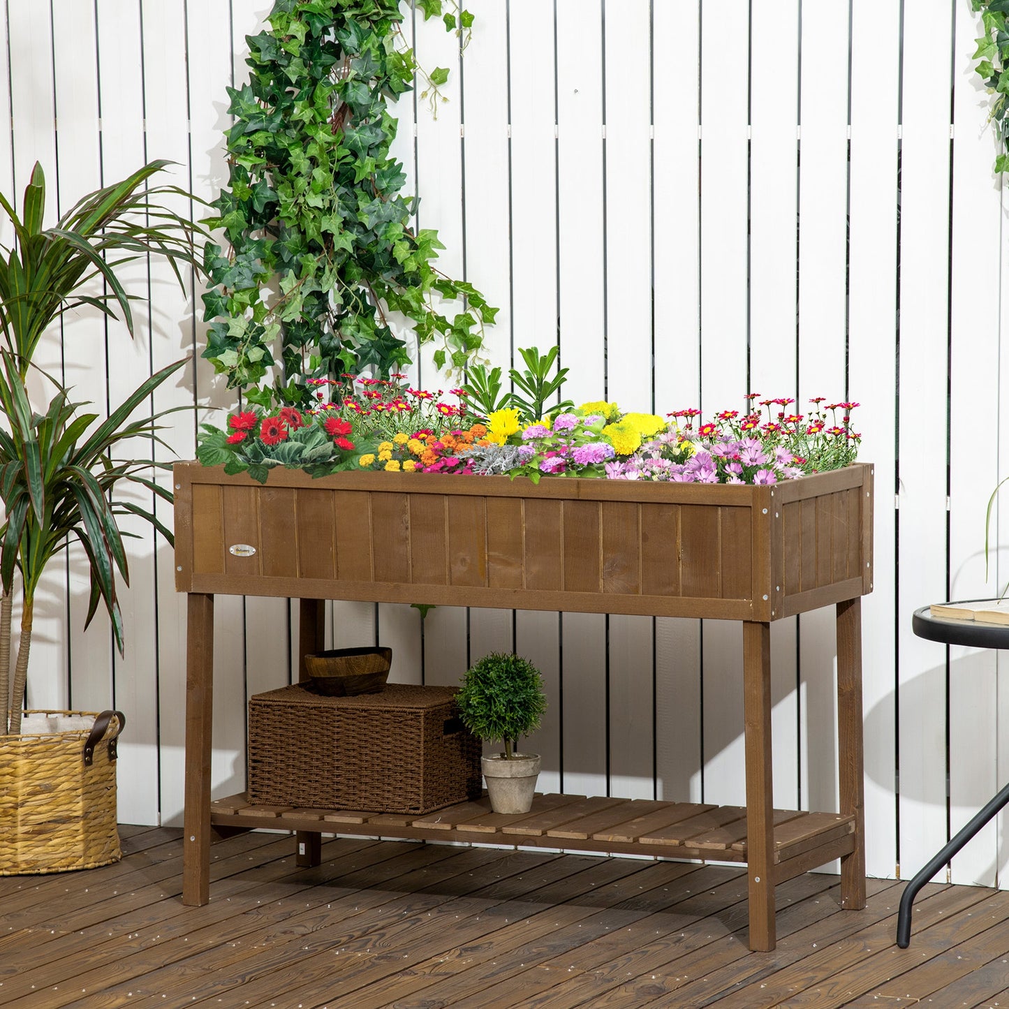 Outsunny 43x18x30in Raised Garden Bed with 8 Pockets and Shelf, Wooden Elevated Planter Box with Legs to Grow Herbs, Vegetables, and Flowers, Dark Brown