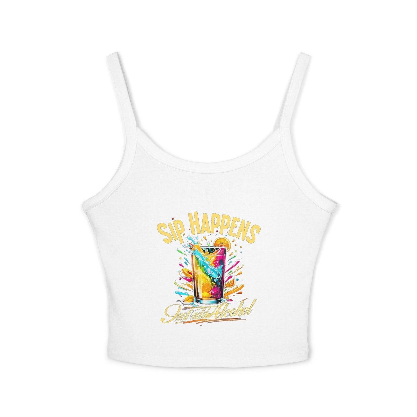 Playful & Stylish Womens Spaghetti Strap Tank Top with 'Sip Happens, Just Add Alcohol' text on white fabric for bartenders and waitresses.