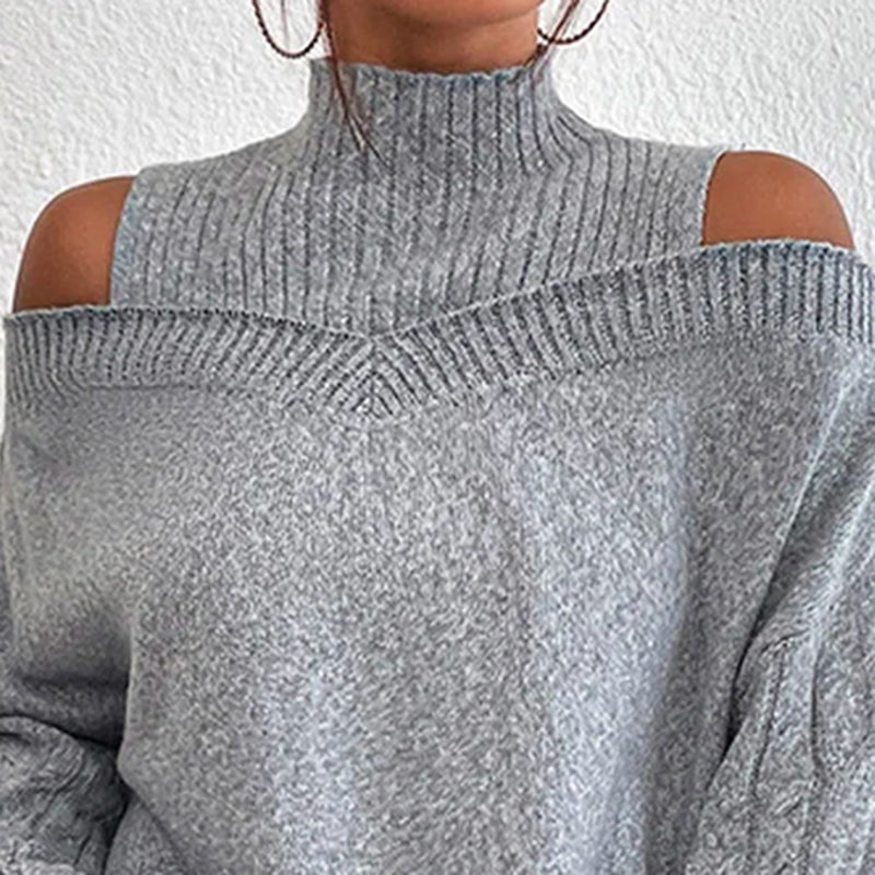 Women's Cold Shoulder Sweater - High Neck Cut Out Pullover Long Sleeve Top