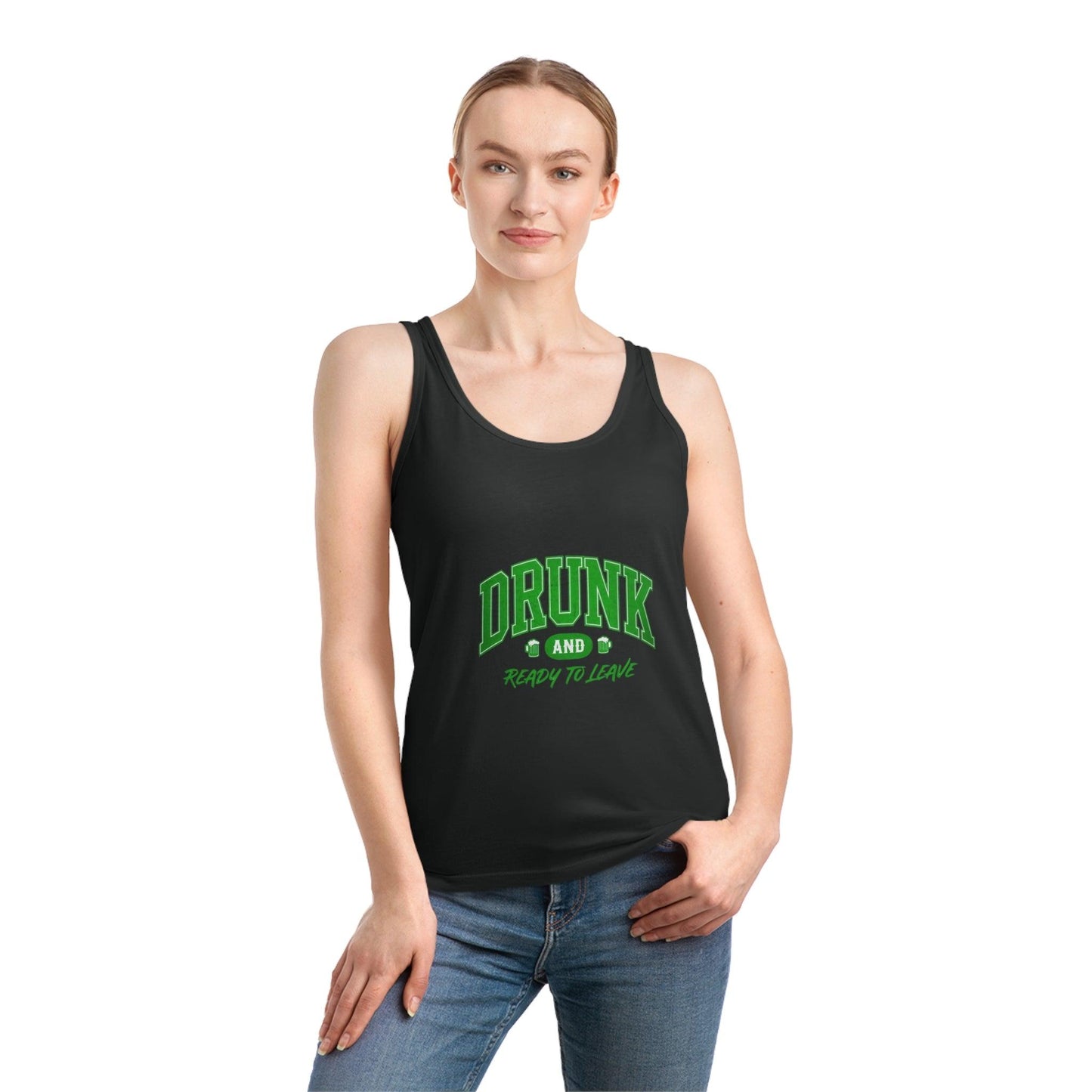 Model wearing Drunk and Ready to Leave Tank Top St Patricks Day with beer mug design, celebrating in style.