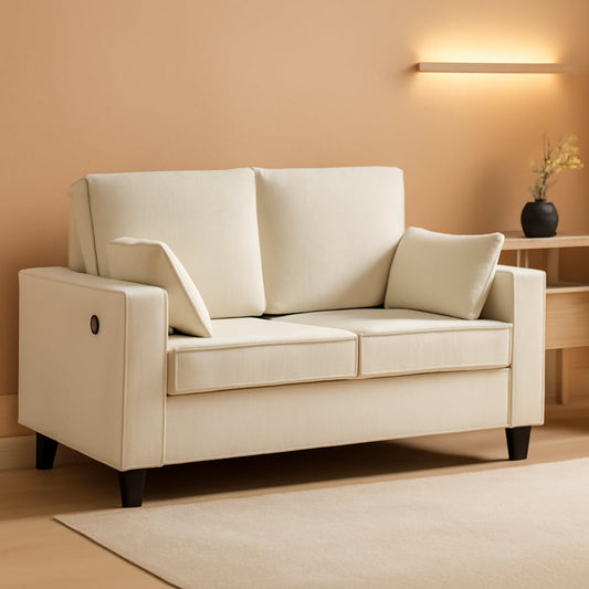 Beige 65-Inch Sleeper Sofa Bed, 2-in-1 Convertible in a stylish apartment setting with wooden frame and space-saving design.
