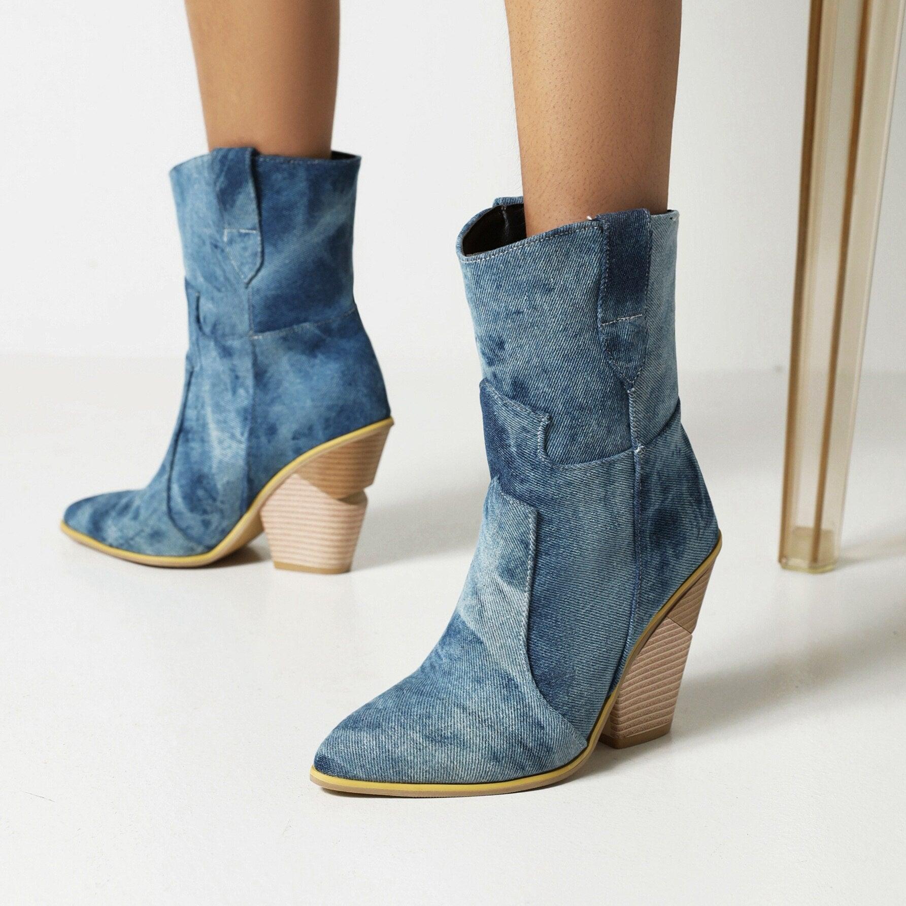 Cowgirl Chic High Heel Ankle Boots - Trendy Denim and Leather Boots for Women with 3.5" heel and waterproof platform.