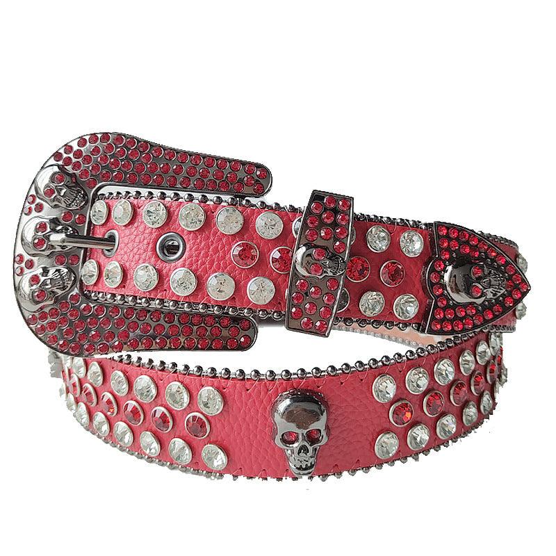 Skullduggery Western Rhinestone Belt | Punk Rock Skull Studded Fashion Belt in pink with rhinestones and crystal skull details.