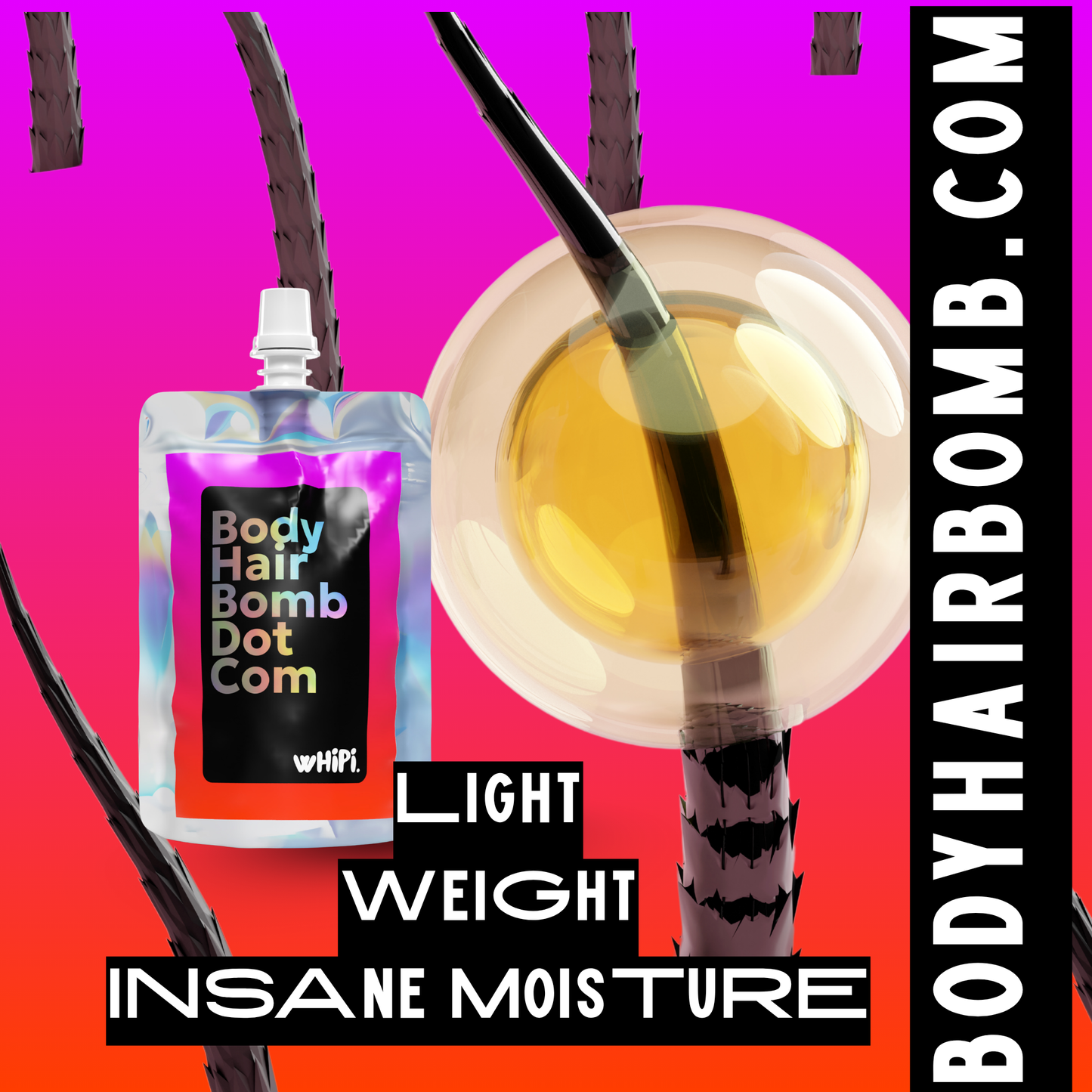 Body Hair Bomb Dot Com- Everything Cream packaging with text 'Light Weight Insane Moisture' and vibrant design elements.