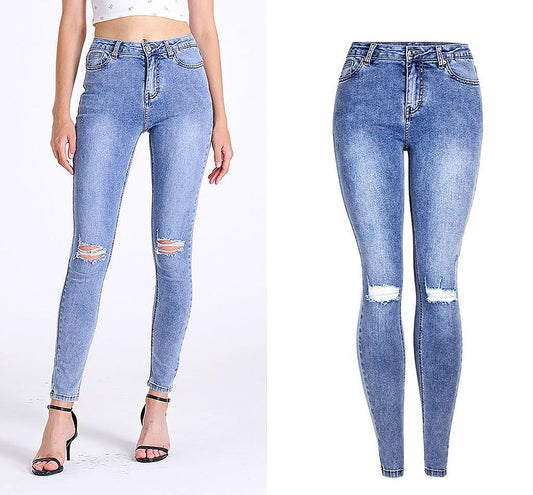 Essential Ripped Skinny Jeans – Stretch Slim Fit, Stone Wash Blue Denim, Street Style with distressed knees shown on model and flat lay.