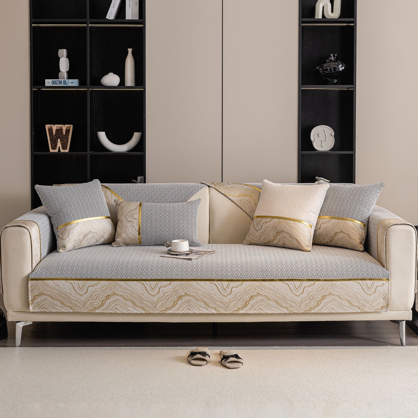Non-Slip Couch Cover with Gold Trim on sectional sofa, elegant chenille sofa slipcover with chevron and rock-layer motifs.