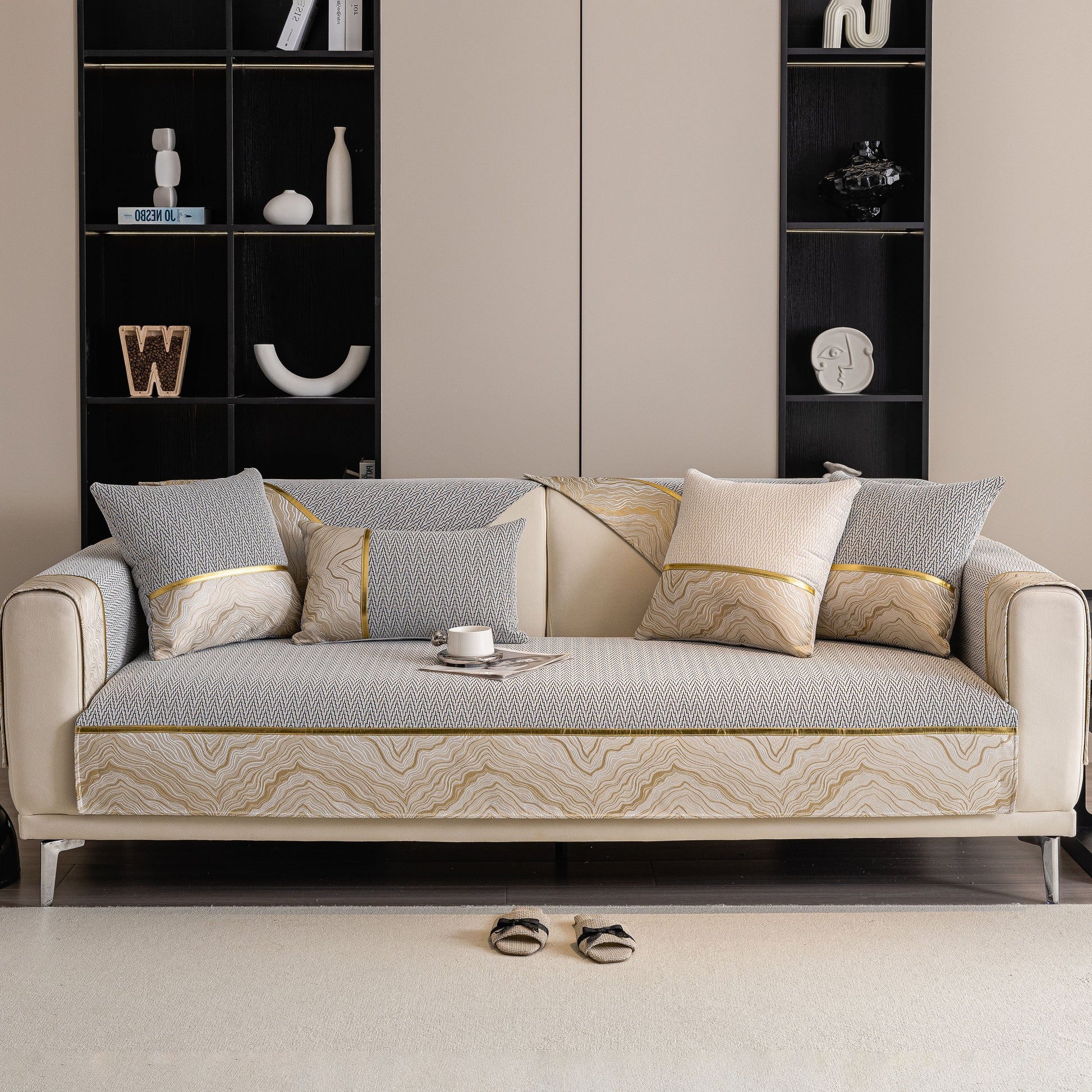 Non-Slip Couch Cover with Gold Trim on sectional sofa, elegant chenille sofa slipcover with chevron and rock-layer motifs.