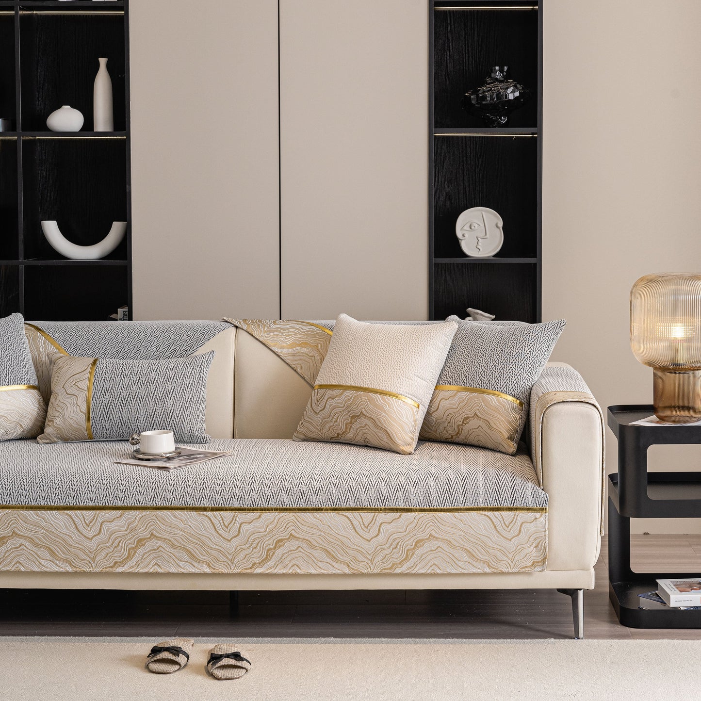 Non-Slip Couch Cover with Gold Trim, Sofa Slipcover for Sectional & Loveseat in elegant living room setting.