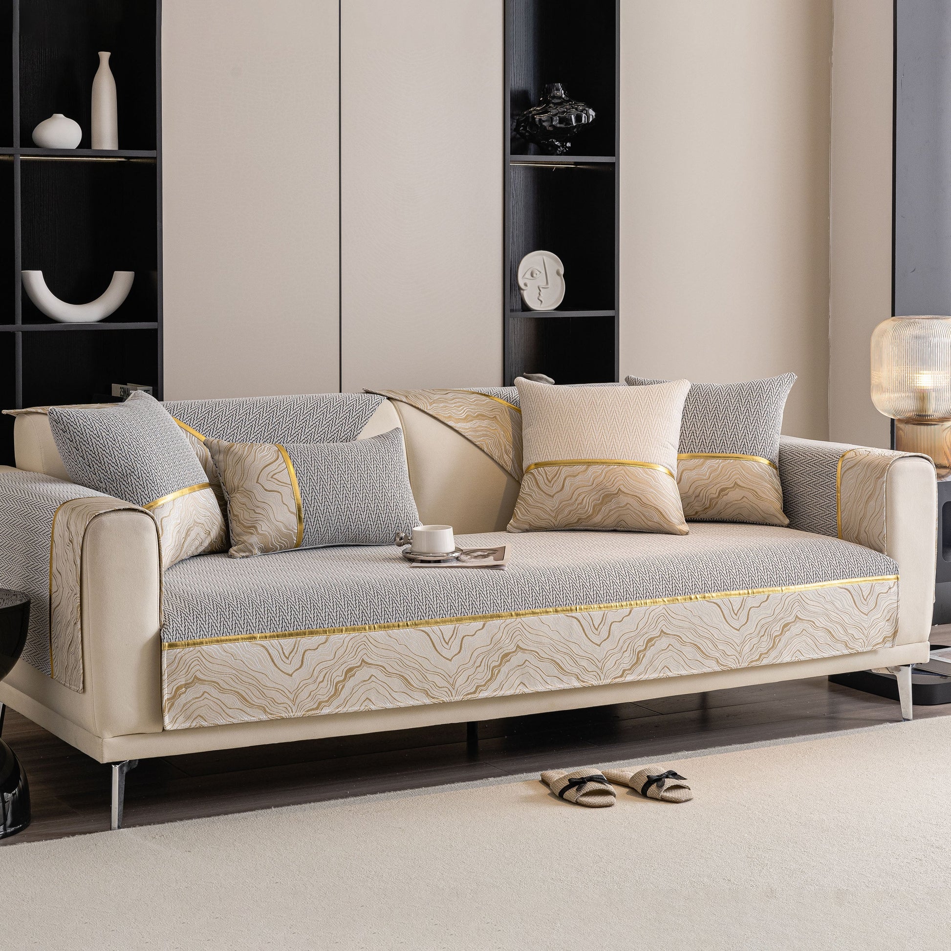 Non-Slip Couch Cover with Gold Trim, Sofa Slipcover for Sectional & Loveseat with dual-pattern chenille and anti-slip backing.