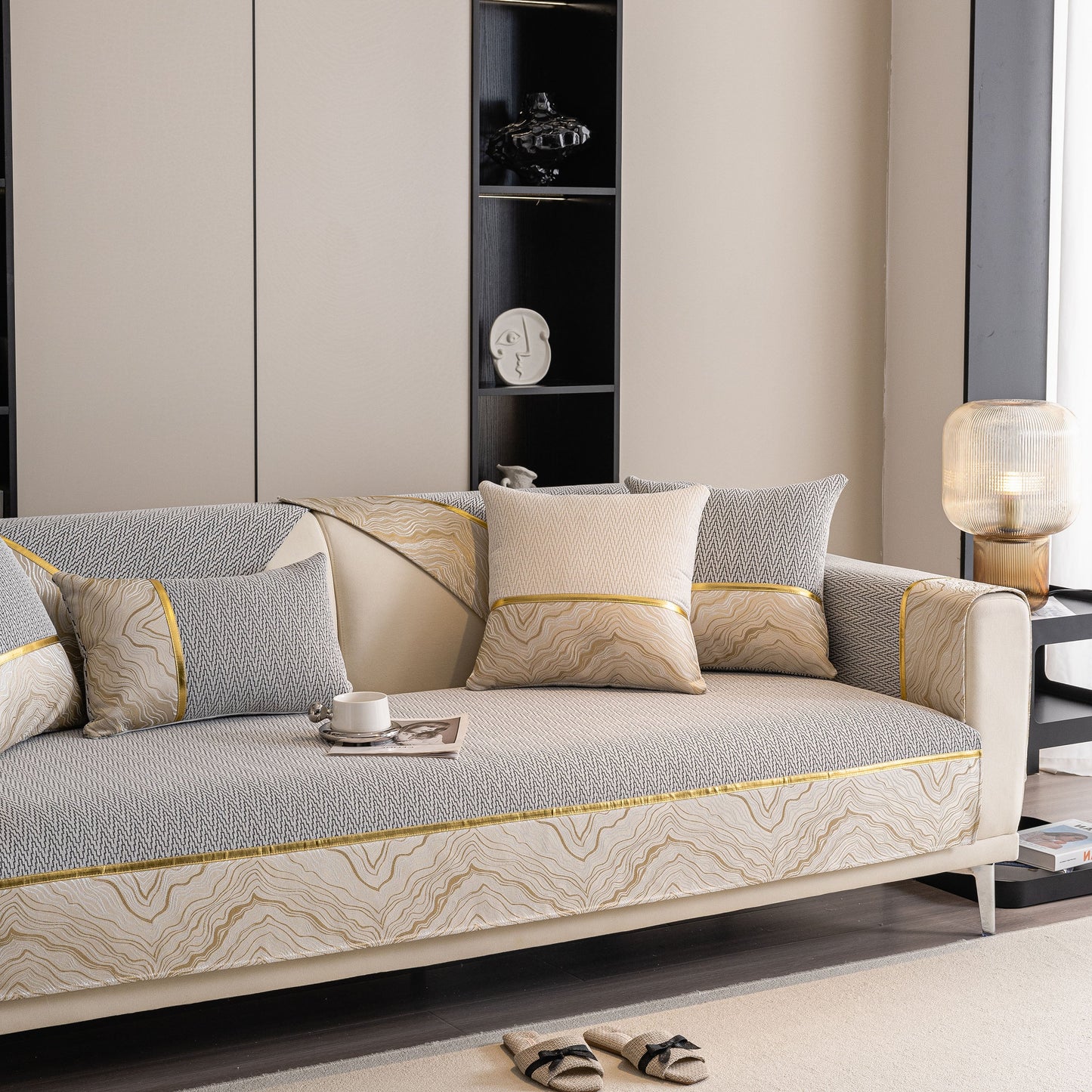 Non-Slip Couch Cover with Gold Trim, Sofa Slipcover for Sectional & Loveseat on modern gray sofa with decorative pillows