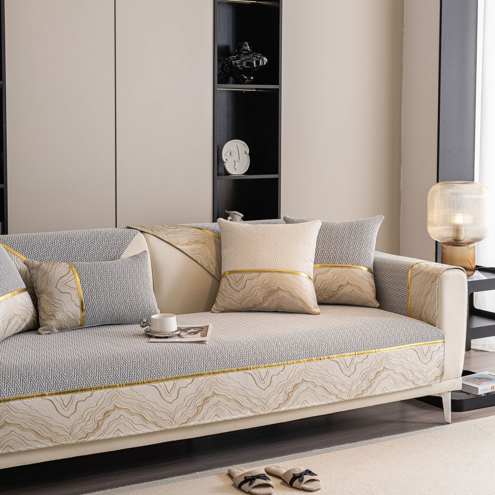 Non-Slip Couch Cover with Gold Trim, Sofa Slipcover for Sectional & Loveseat on modern gray sofa with decorative pillows