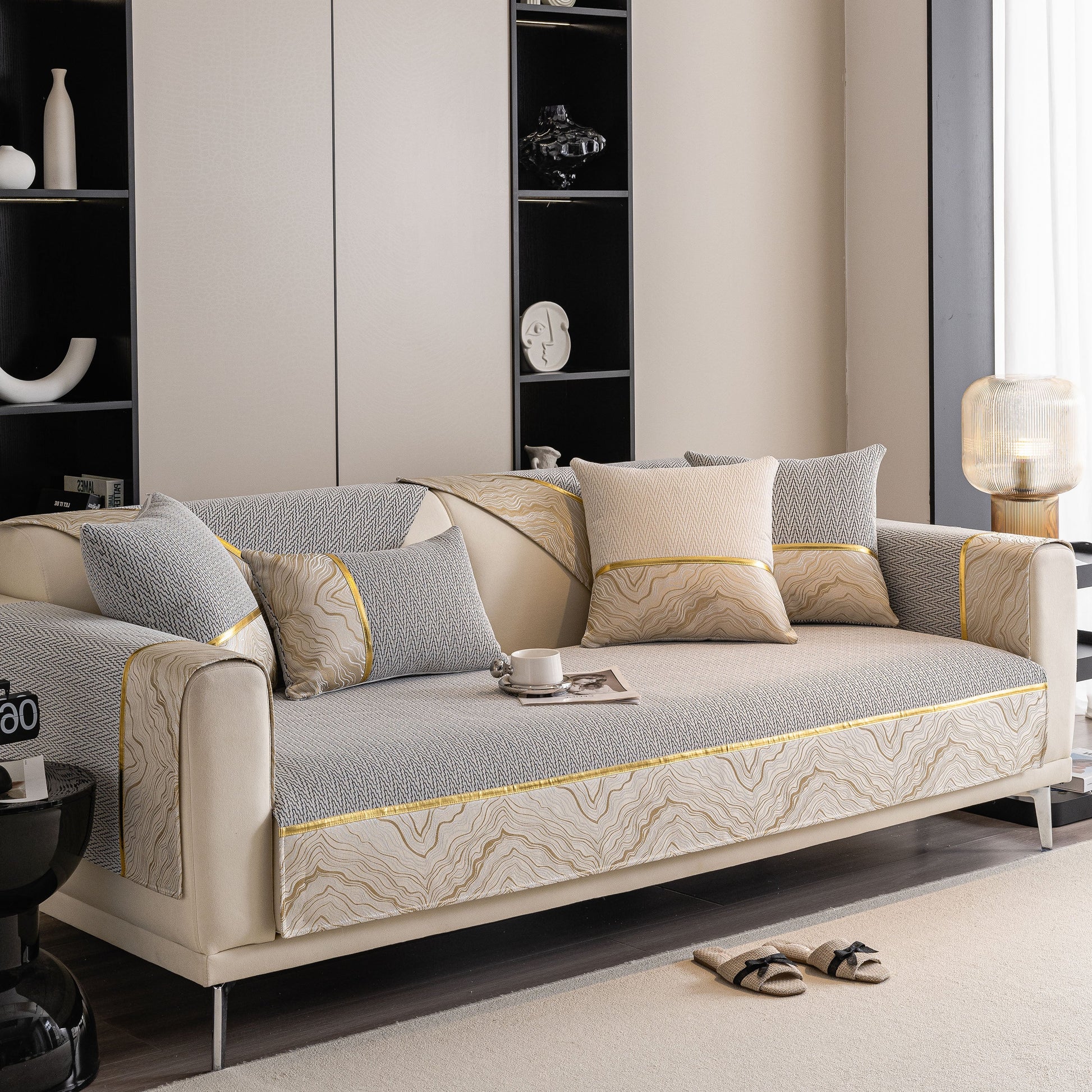 Non-Slip Couch Cover with Gold Trim, Sofa Slipcover for Sectional & Loveseat on modern living room sofa