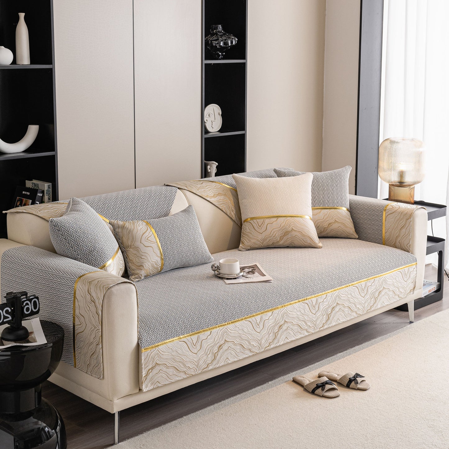 Non-Slip Couch Cover with Gold Trim on a sectional sofa, chenille slipcover with chevron and rock-layer motifs, SlipcoverKAS product.