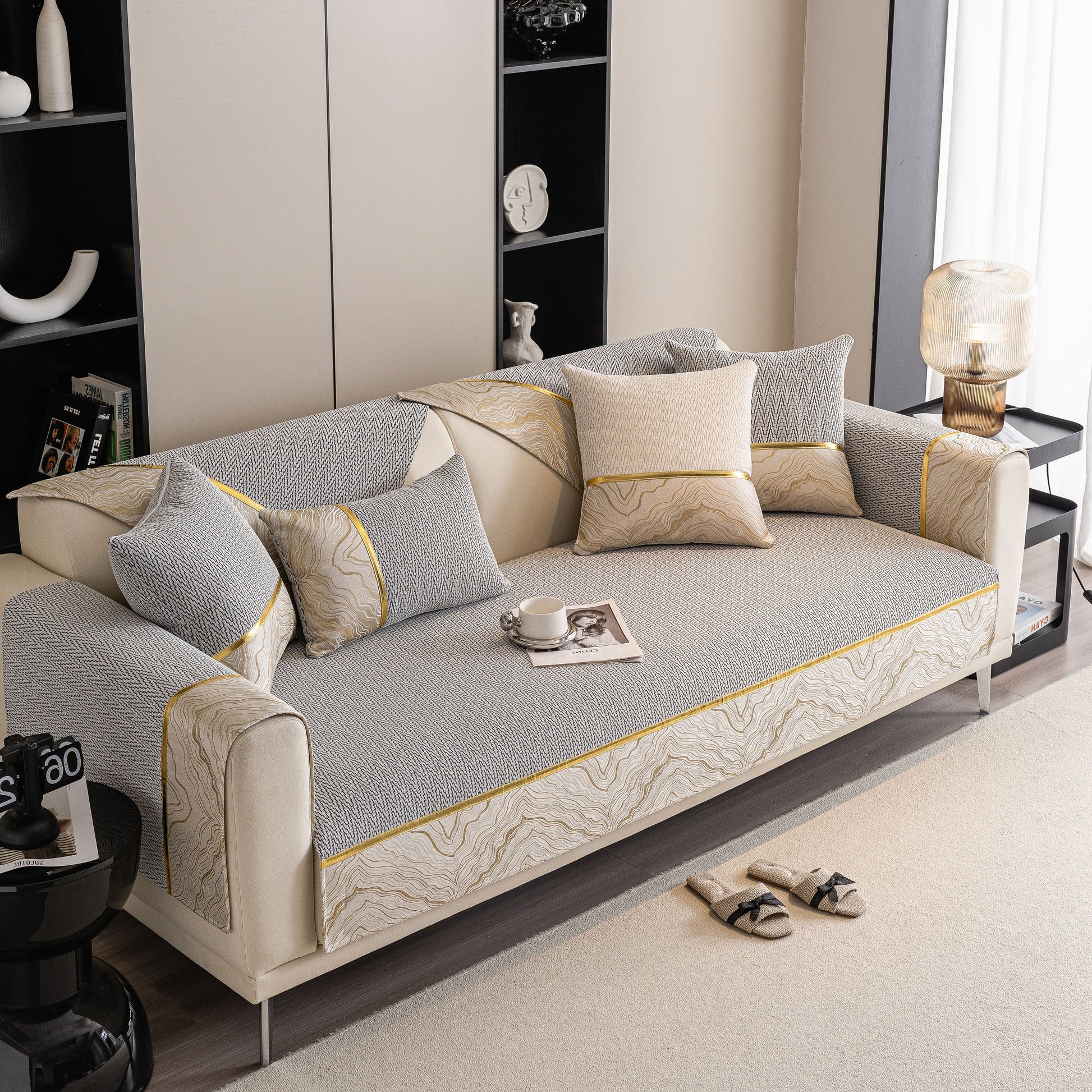 Non-Slip Couch Cover with Gold Trim, Sofa Slipcover for Sectional & Loveseat on a modern sofa with decorative pillows.