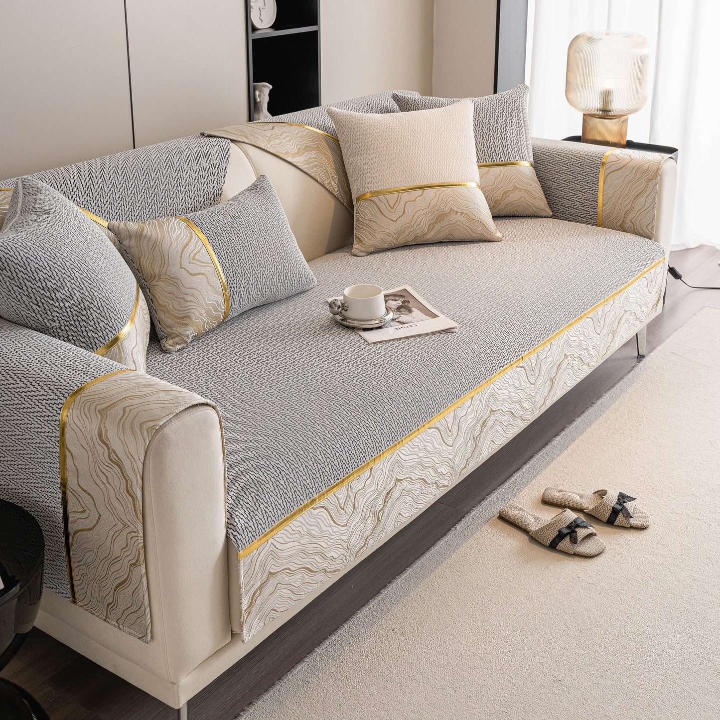 Non-Slip Couch Cover with Gold Trim, Sofa Slipcover for Sectional & Loveseat in elegant chenille design with pillows indoors.