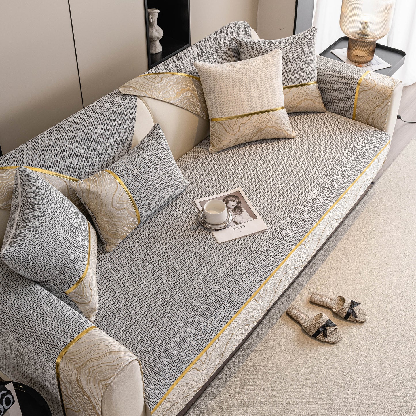 Elegant Non-Slip Couch Cover with Gold Trim on Sofa, showcasing dual-pattern design, by SlipcoverKAS, suitable for Sectional & Loveseat.