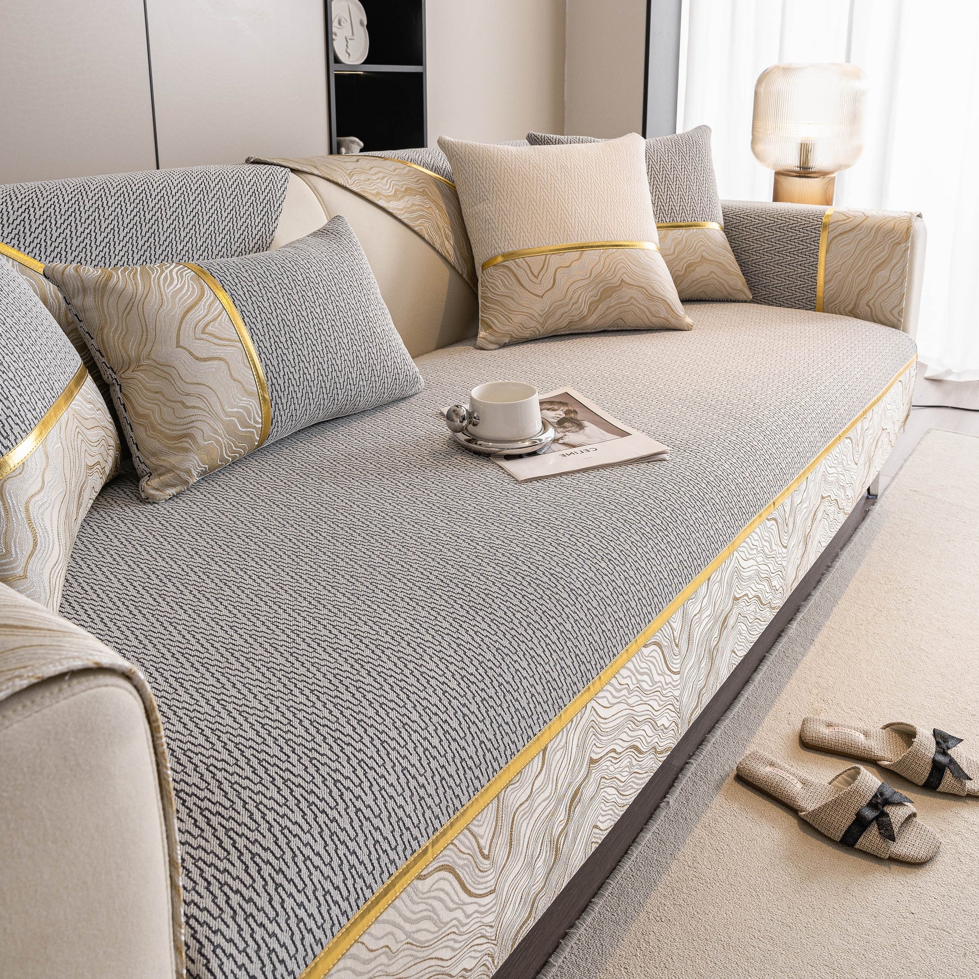 Non-Slip Couch Cover with Gold Trim, Sofa Slipcover for Sectional & Loveseat, featuring chenille fabric and elegant design