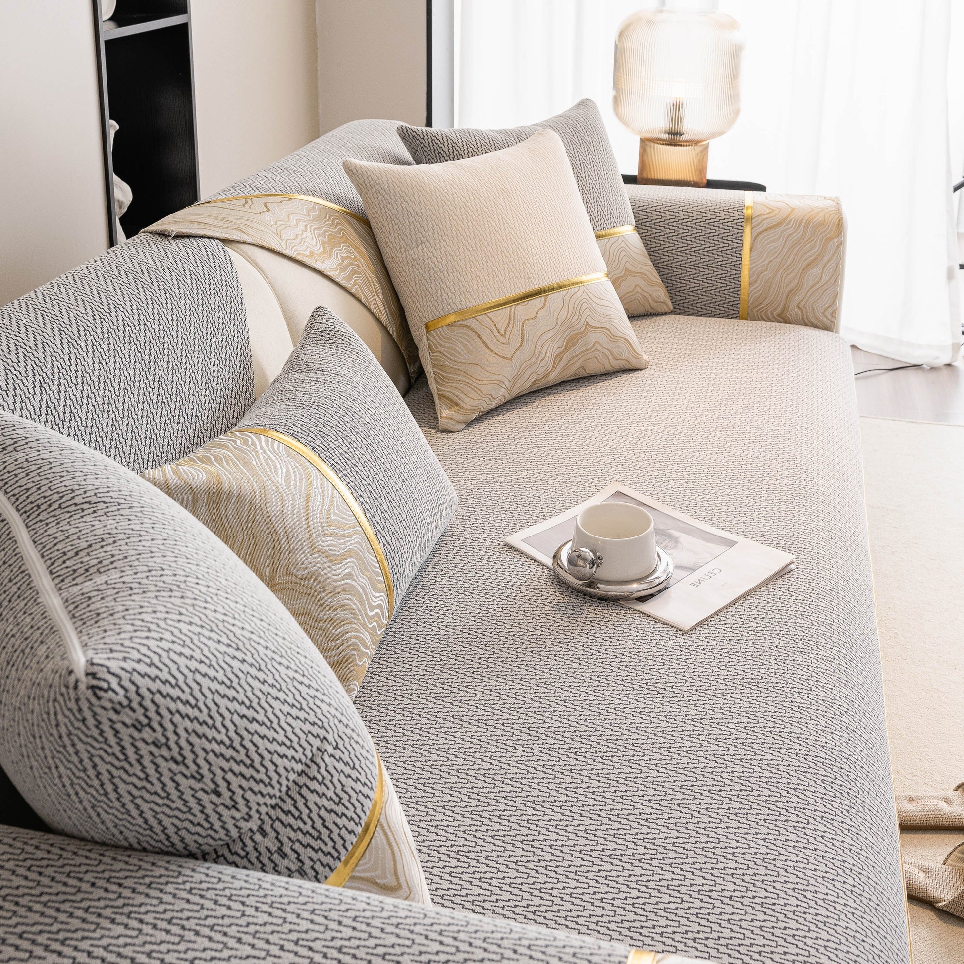 Non-Slip Couch Cover with Gold Trim, Sofa Slipcover for Sectional & Loveseat featuring elegant chenille design with silicone backing.