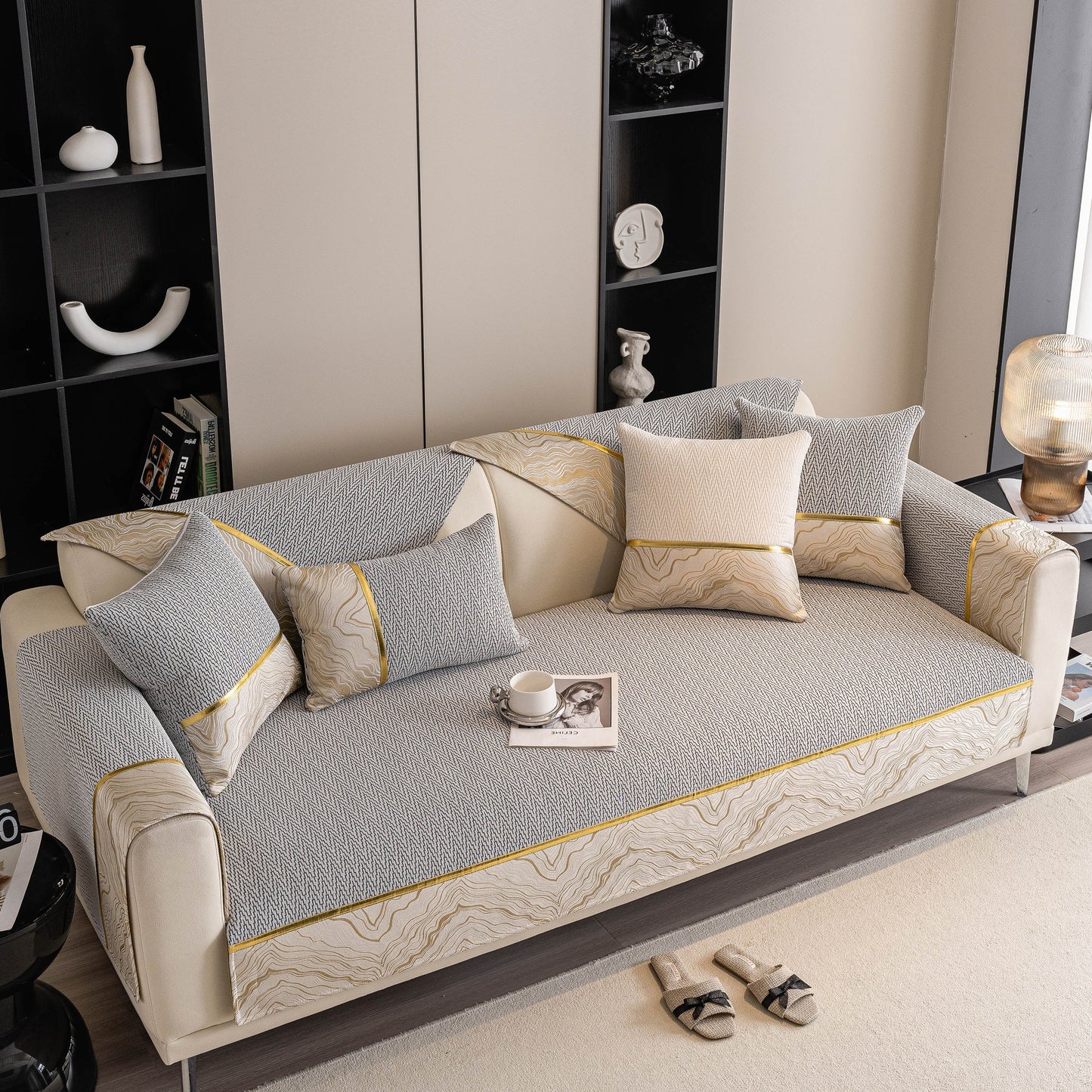 Non-Slip Couch Cover with Gold Trim, Sofa Slipcover for Sectional & Loveseat featuring chenille design with pillows on a sofa.