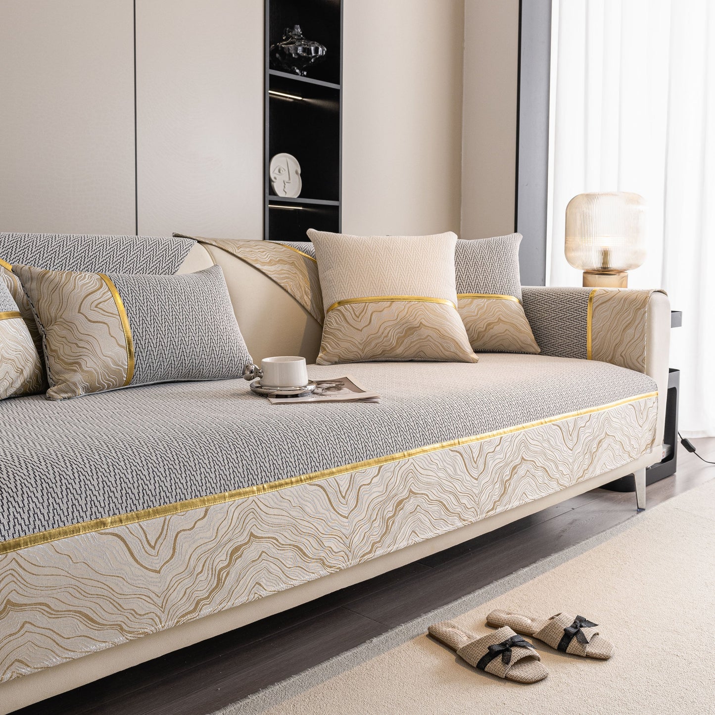 Living room scene featuring a Non-Slip Couch Cover with Gold Trim, Sofa Slipcover for Sectional & Loveseat by SlipcoverKAS.