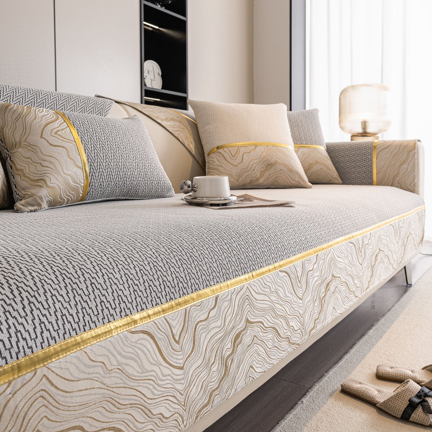 Non-Slip Couch Cover with Gold Trim for Sectional & Loveseat featuring a chenille design, anti-slip backing, and elegant gold edging.